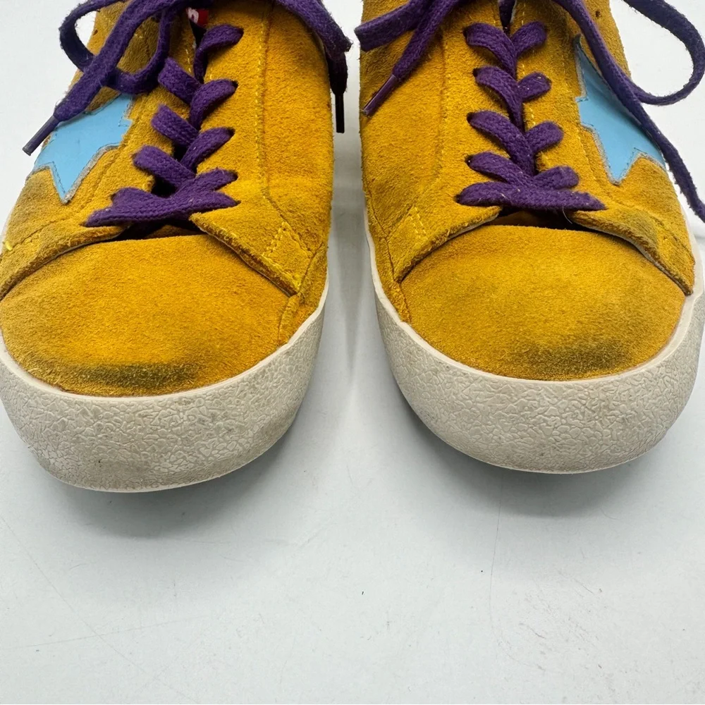 Golden Goose Yellow Suede Sneakers with Purple Laces and Teal Star